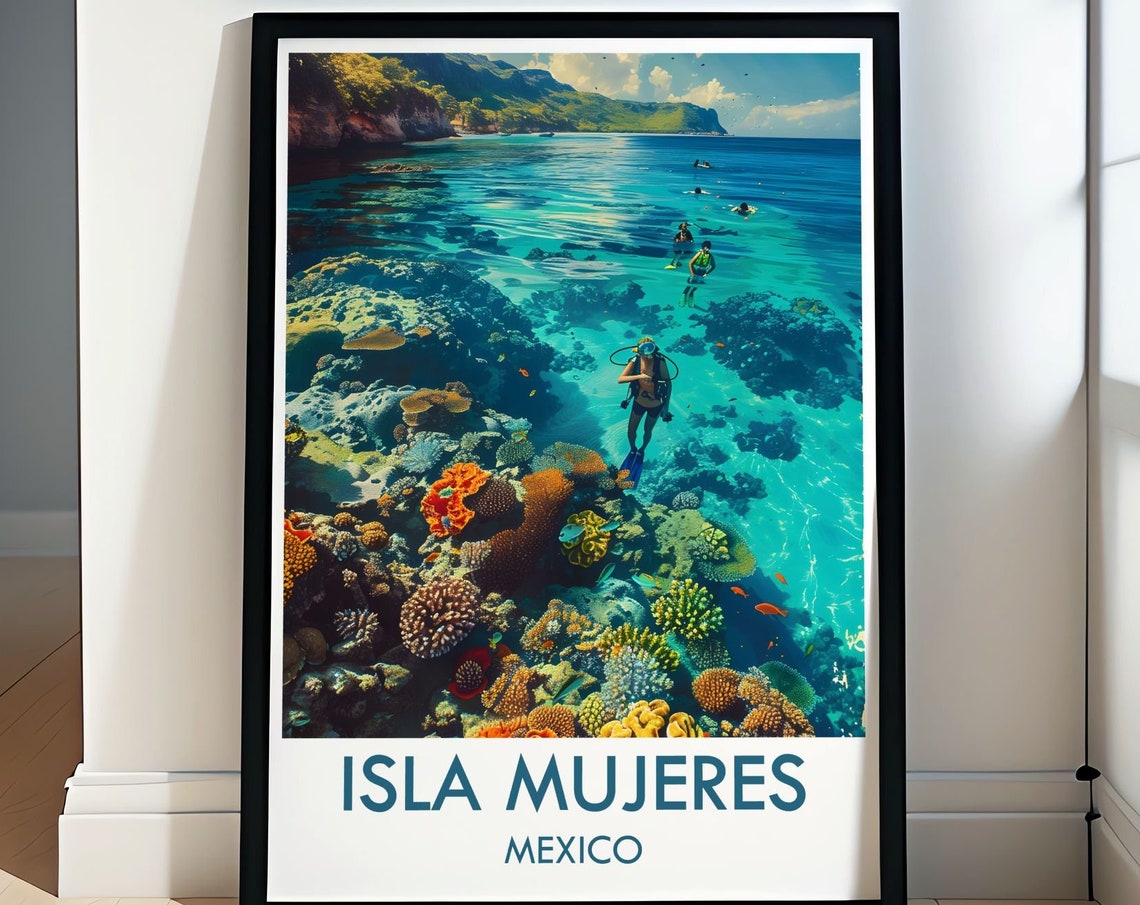 Isla Mujeres Mexico Scuba Divers Coral Reef Underwater Poster