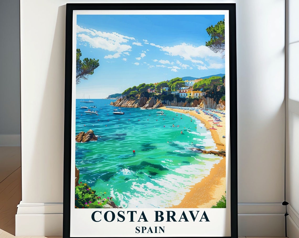 Costa Brava Turquoise Cove Beach with Cliffs Swimmers Spain Poster