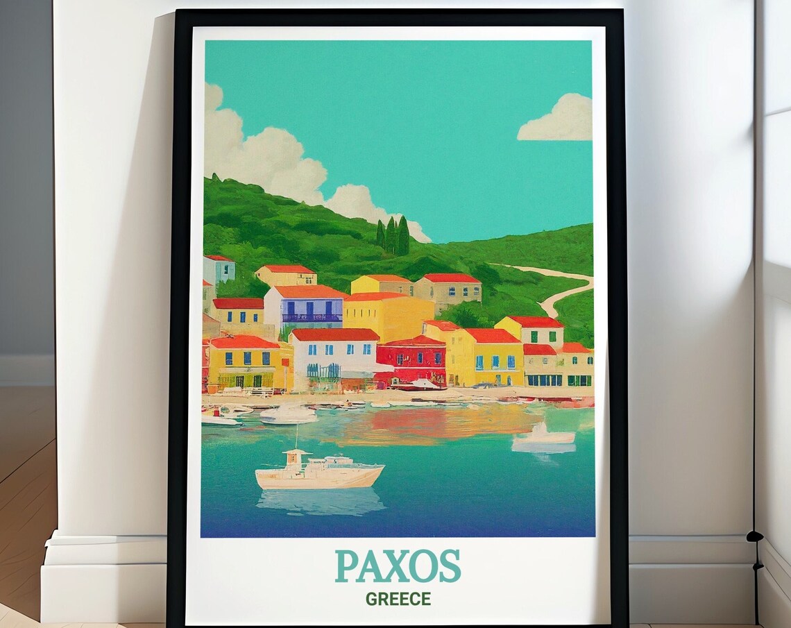 Paxos Island Gaios Harbor Waterfront Village Greece Travel Poster