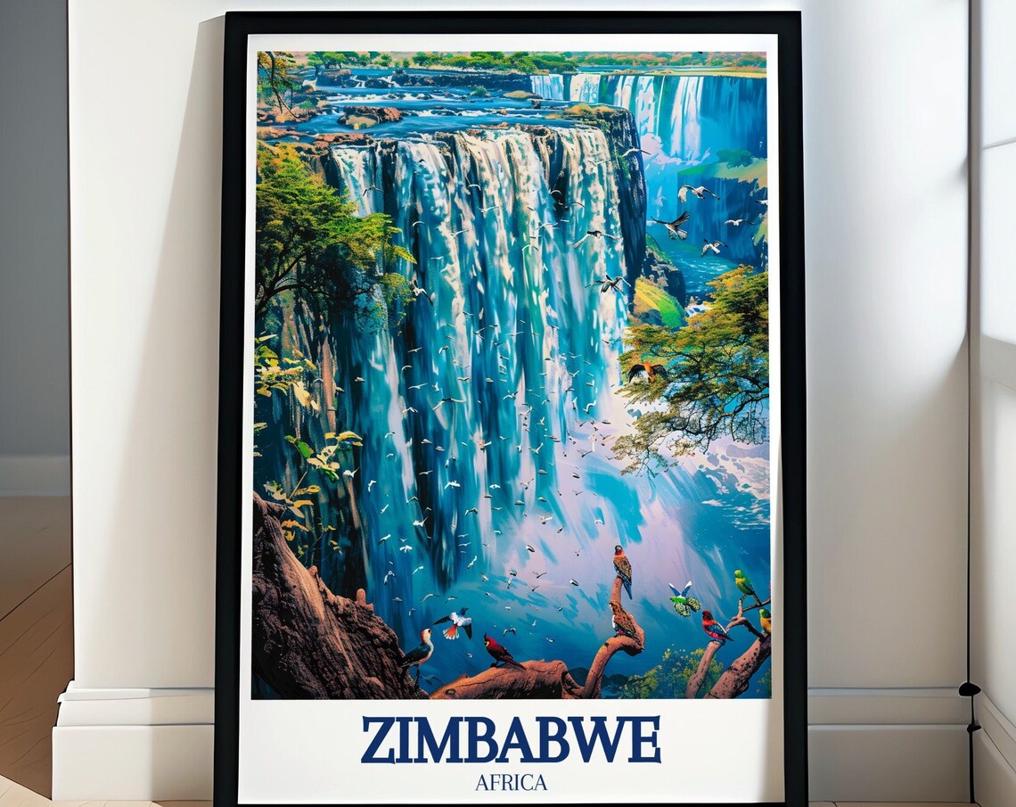 Zimbabwe Africa Victoria Falls Mist Blue Painterly Cascade Poster