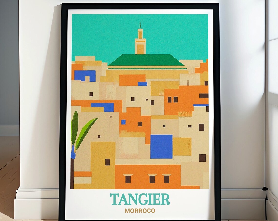 Tangier Morocco Medina Minaret Geometric Vintage Style Travel Poster
