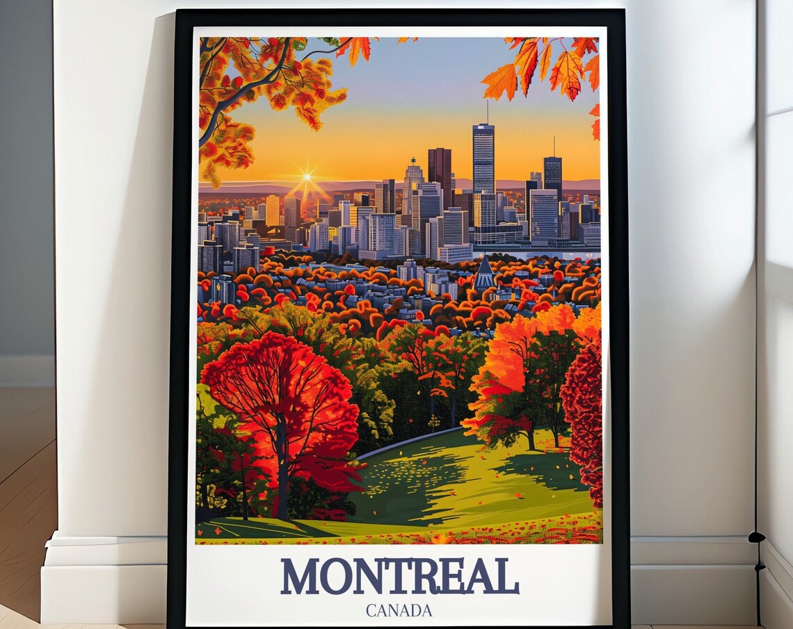 Montreal Mount Royal Autumn Foliage Skyline Canada Travel Poster