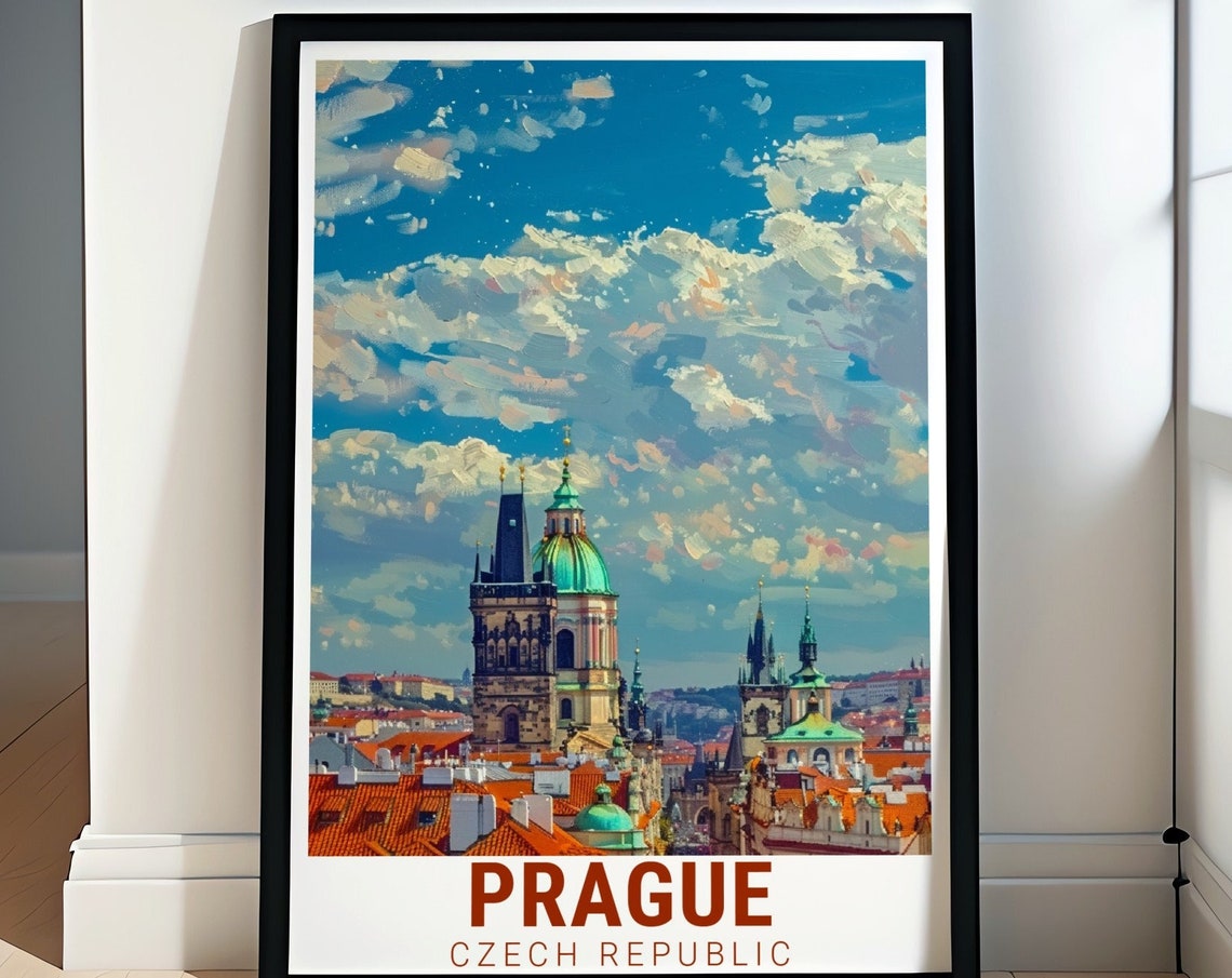 Prague Red Rooftops Green Dome Dramatic Skyline Czech Travel Poster