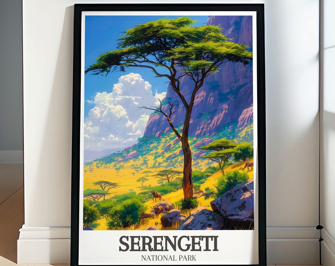 Serengeti Acacia Tree Mountain Backdrop Wildlife National Park Poster