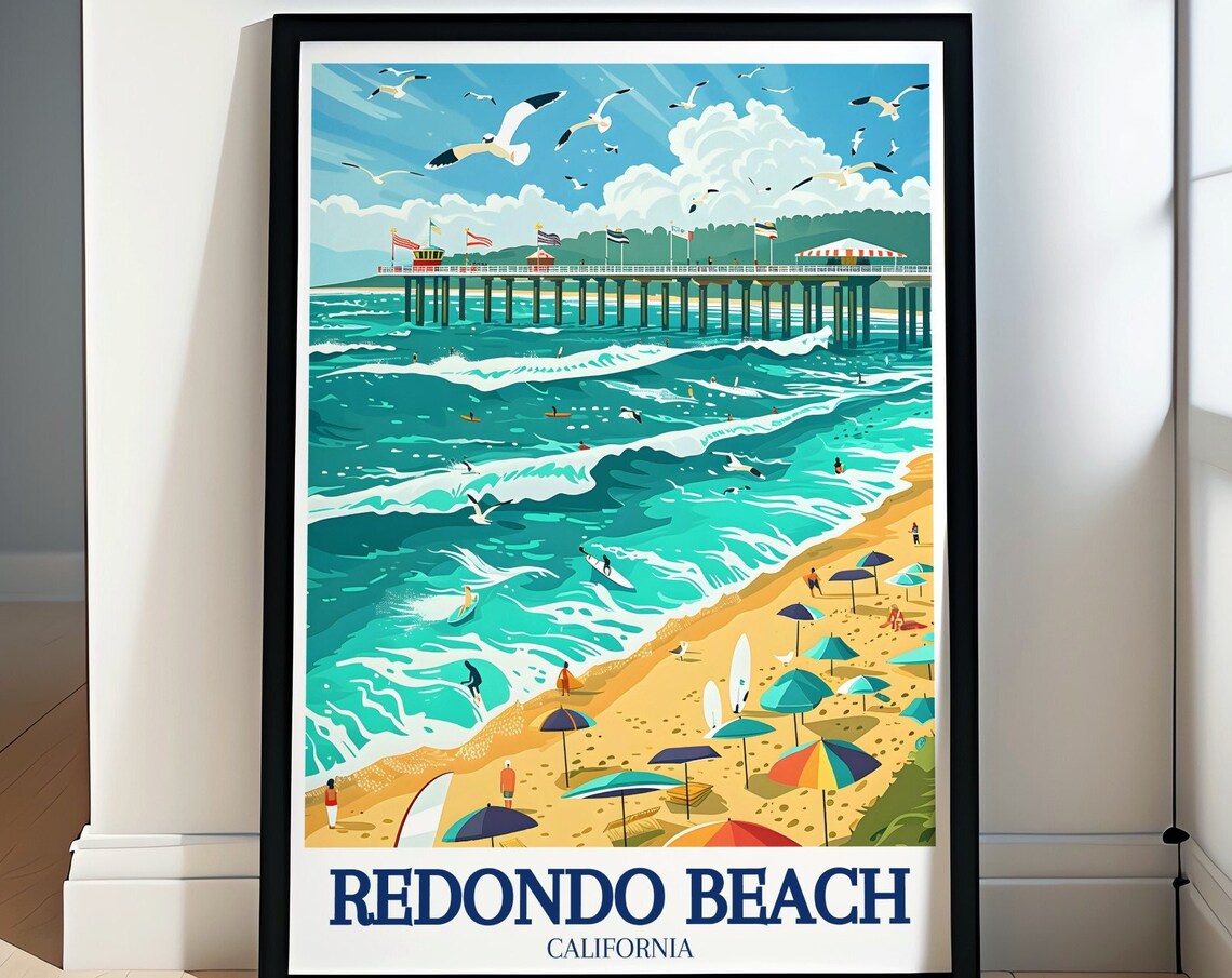 Redondo Beach California Daytime Surf Pier Beach Crowd Poster