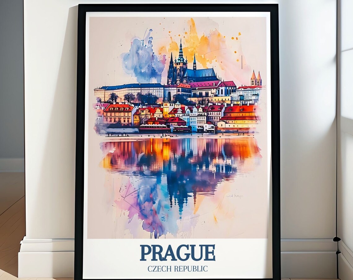 Prague Castle Mala Strana Watercolor Reflection Travel Poster