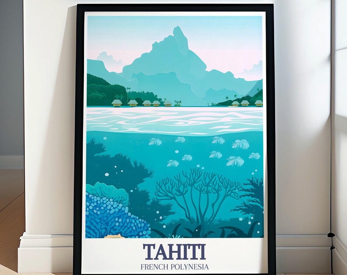 Tahiti Overwater Bungalows Underwater Coral Reef Scene Poster