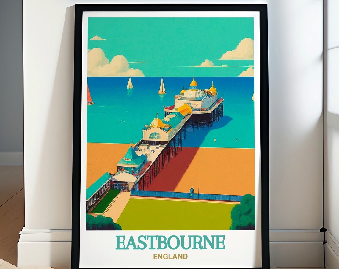 Eastbourne Pier Seaside Sailboats British Beach England Travel Poster