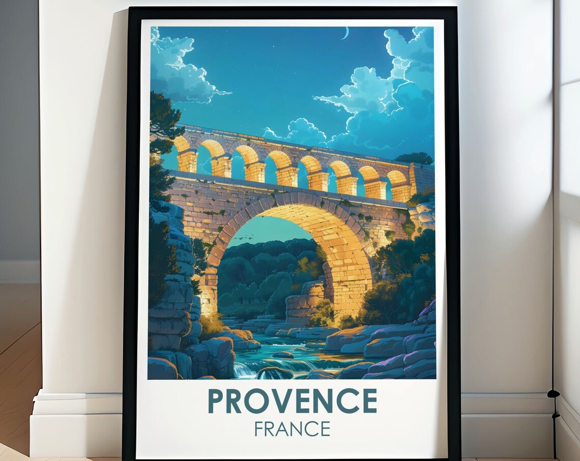 Provence France Ancient Aqueduct Bridge Moonlit River Poster