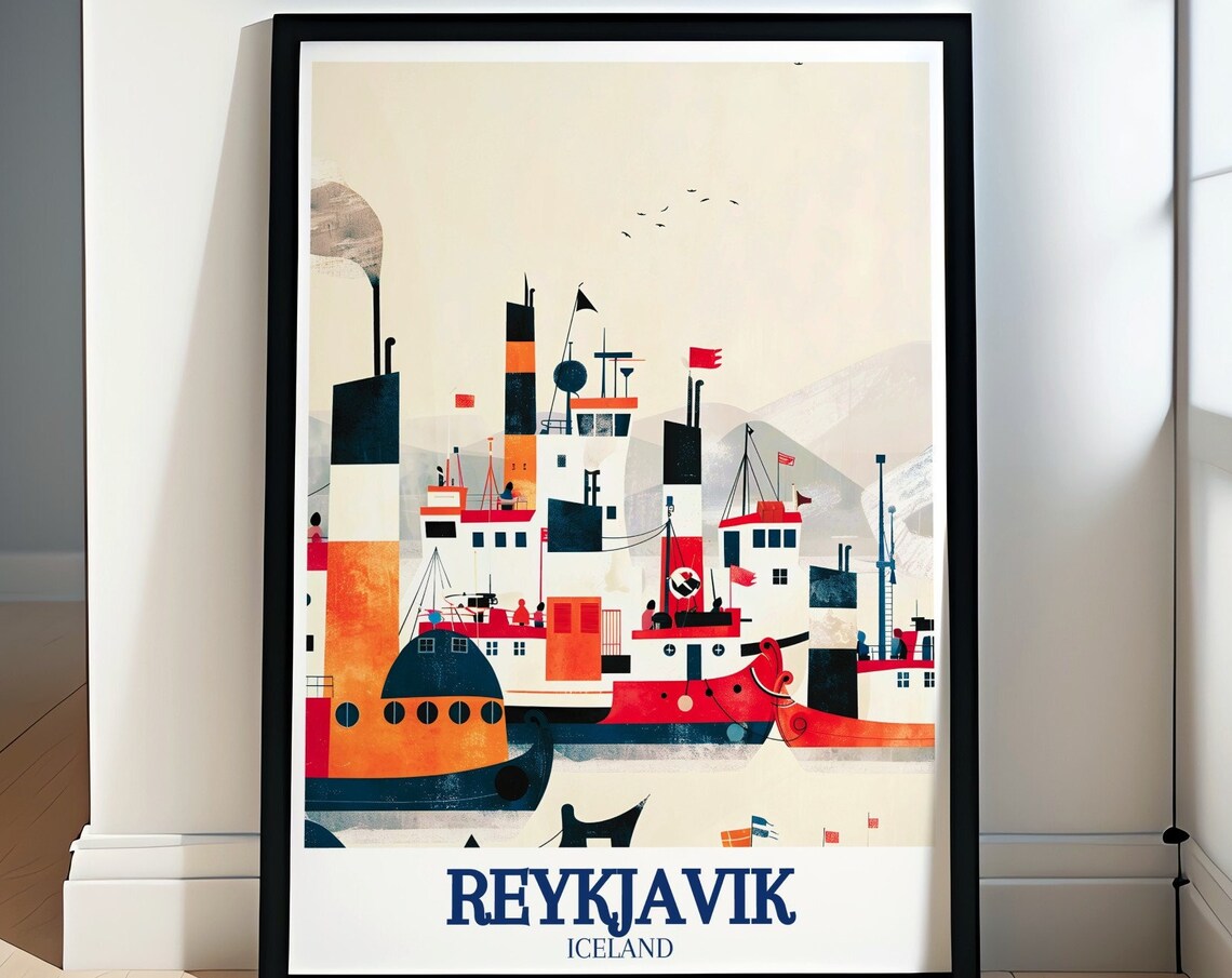 Reykjavik Old Harbour Colorful Ships Nautical Retro Iceland Poster