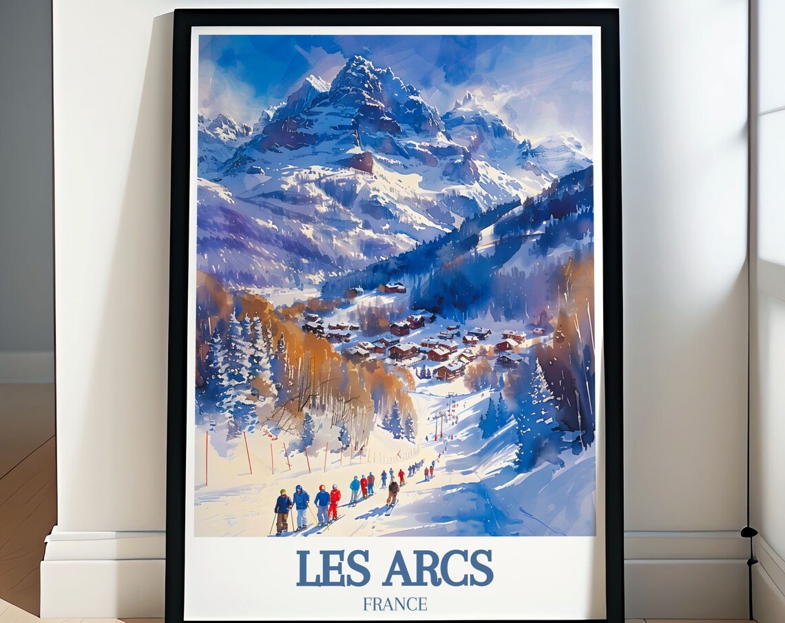 Les Arcs France Skiers Gathering Below Snowy Peaks Village Poster