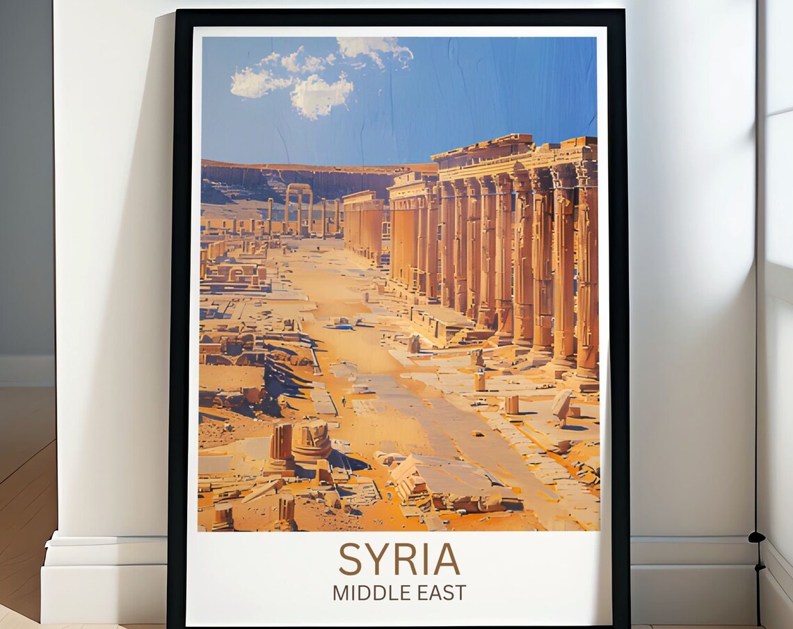 Syria Ancient Desert Colonnade Ruins Golden Stone Travel Poster