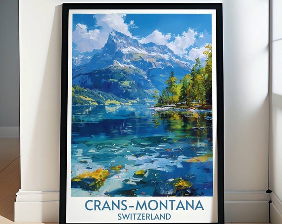 Crans Montana Ski Resort Retro Skiing Prints Lake Moubra Travel Prints Lake Moubra Art Tranquil Swiss Landscapes Wall Decor