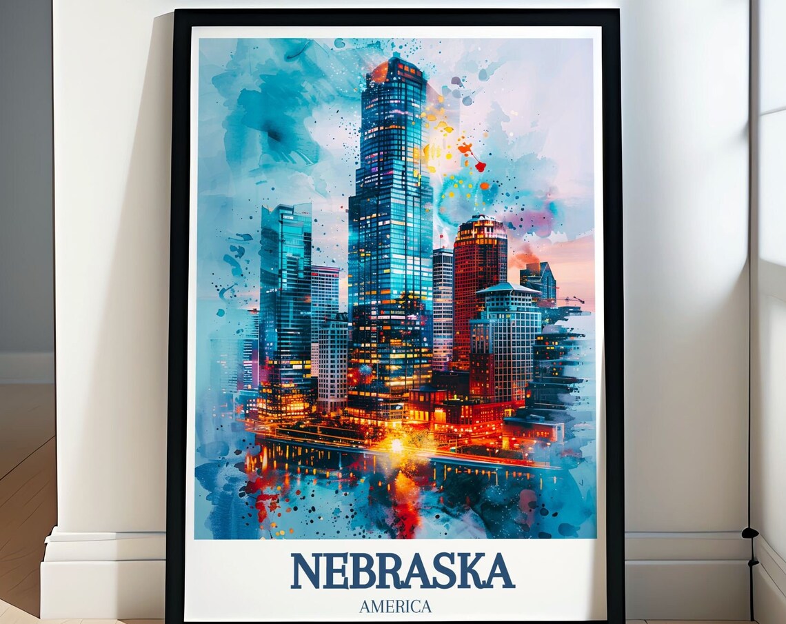 Omaha Downtown Glowing Skyline Watercolor at Dusk Nebraska Poster