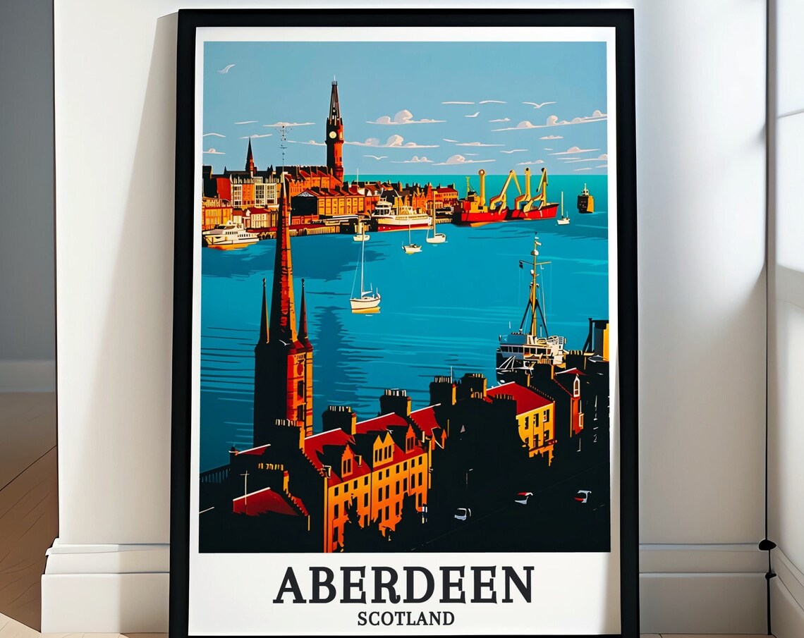 Aberdeen Town House Spire Harbour View Scotland Travel Poster