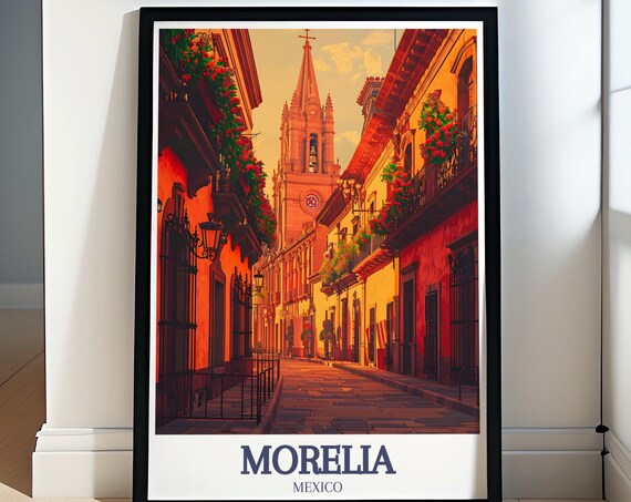 Morelia Mexico Historic Colonial Alley Cathedral Spire Travel Poster