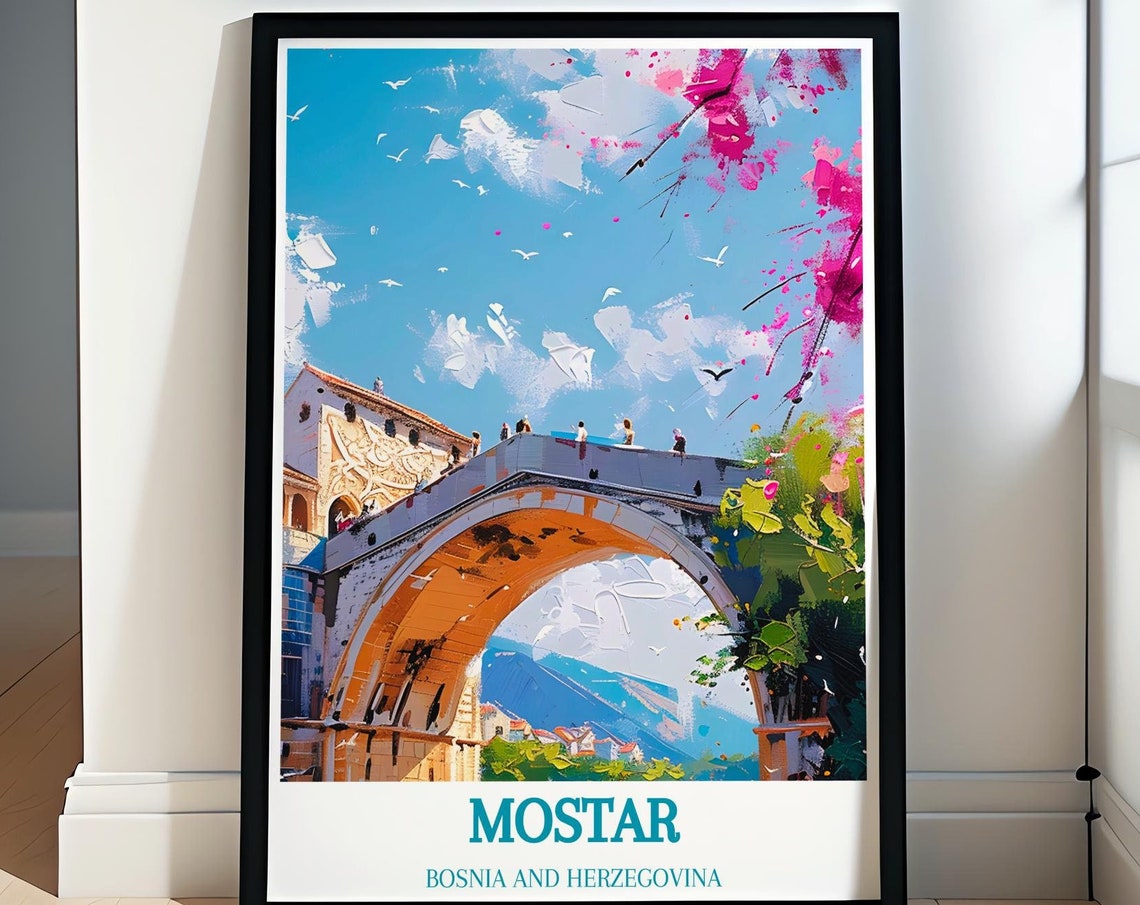 Mostar Stari Most Old Bridge Pink Blossom Watercolor Scene Poster