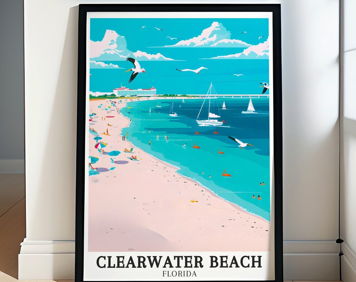 Clearwater Beach Pelicans Sailboats Pastel Florida Shore Poster