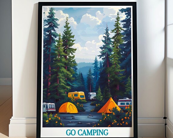 Go Camping Forest Campground Poster Vintage Tents Campers Pines