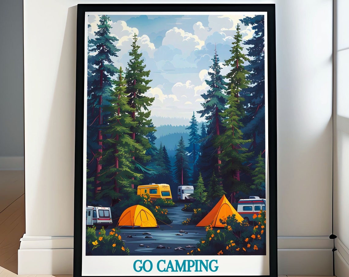 Go Camping Forest Campground Poster Vintage Tents Campers Pines