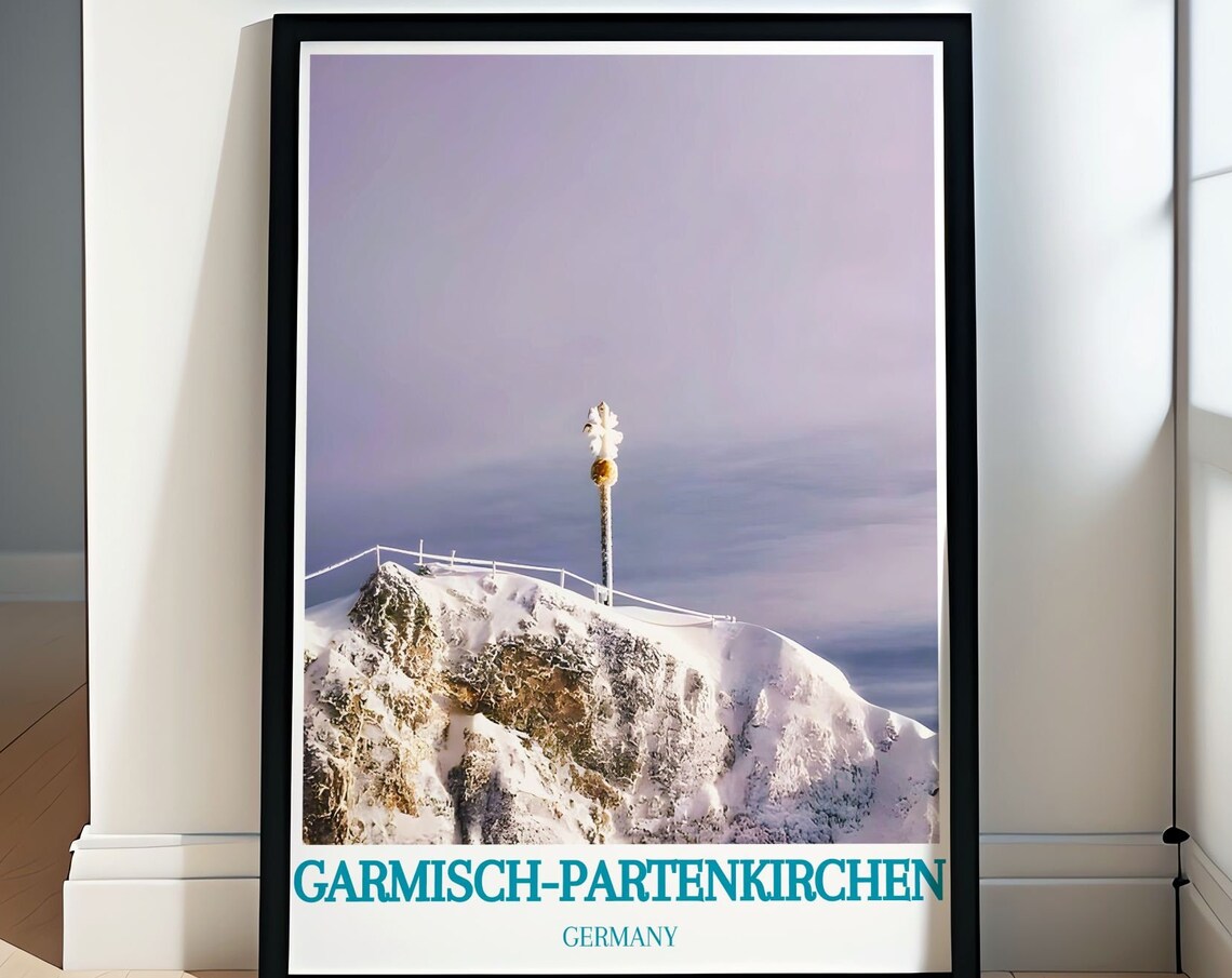 Garmisch Partenkirchen Germany Travel Poster Snowy Mountain Summit