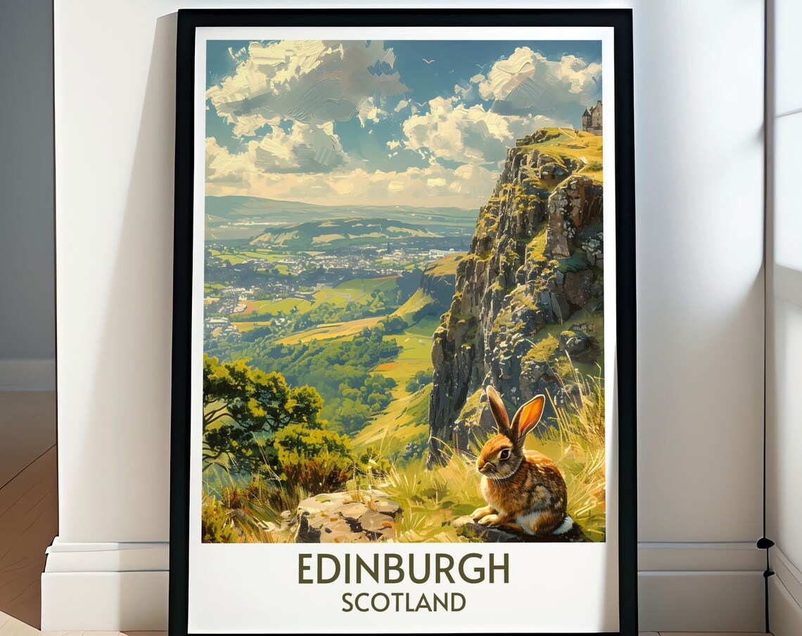 Edinburgh Rabbit on Rocky Crag Overlooking City Scotland Poster