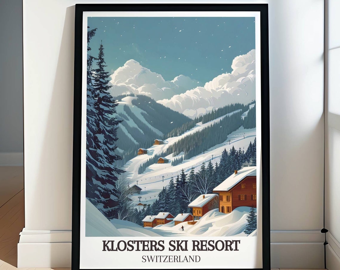 Klosters Ski Resort Snowy Alpine Slopes and Chalets Switzerland Poster