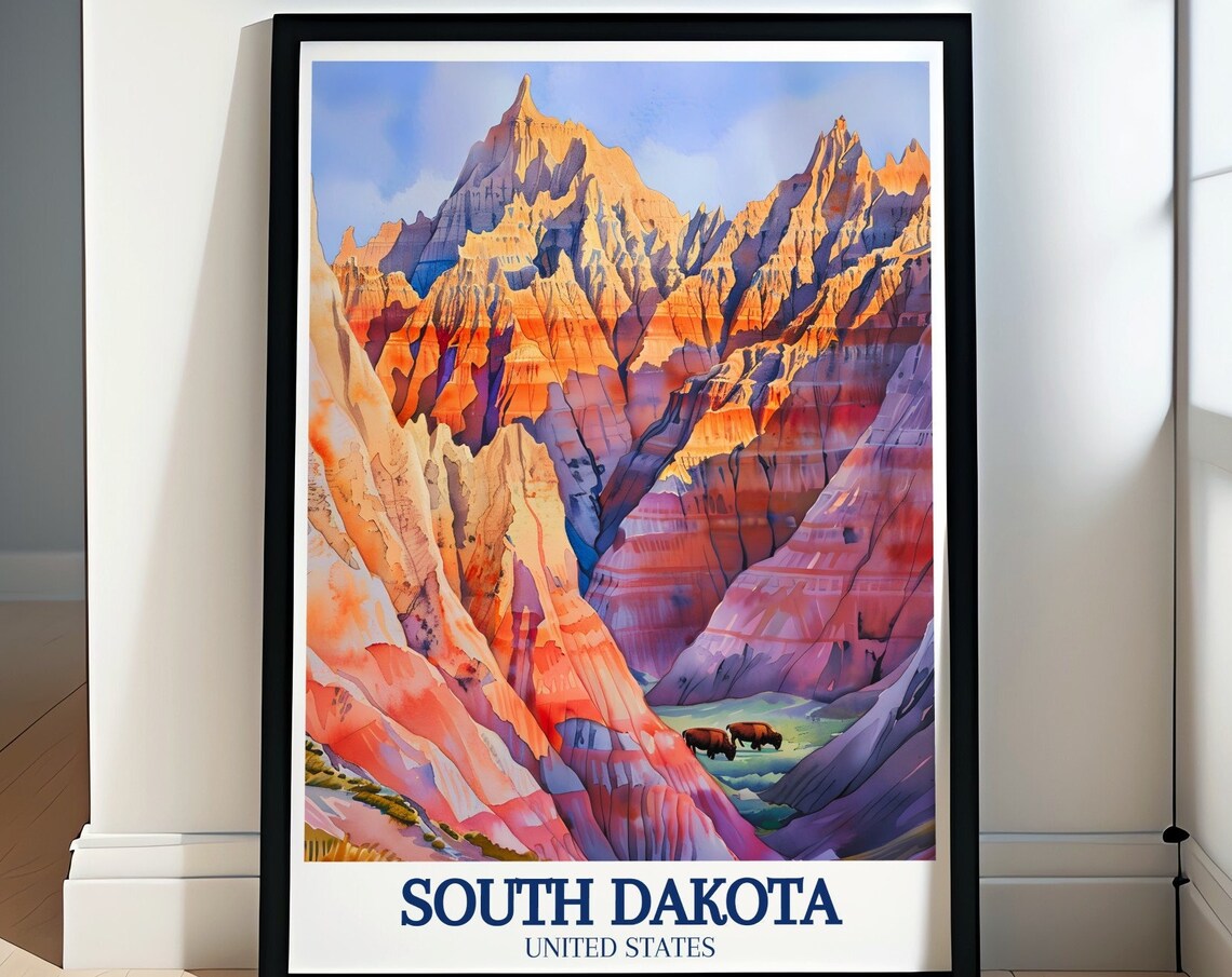 South Dakota Badlands Bison Watercolor National Park Scenic Poster