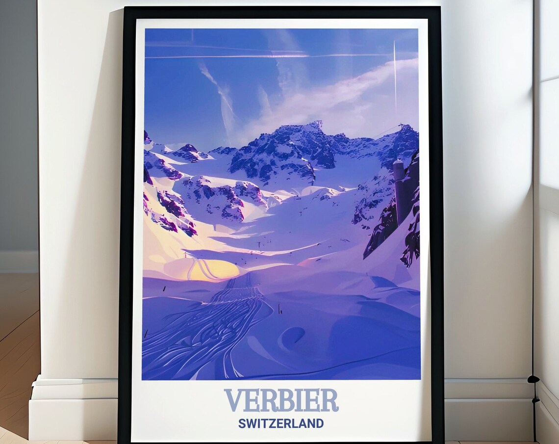 Verbier Switzerland Purple Hued Snowy Mountain Slopes Ski Poster