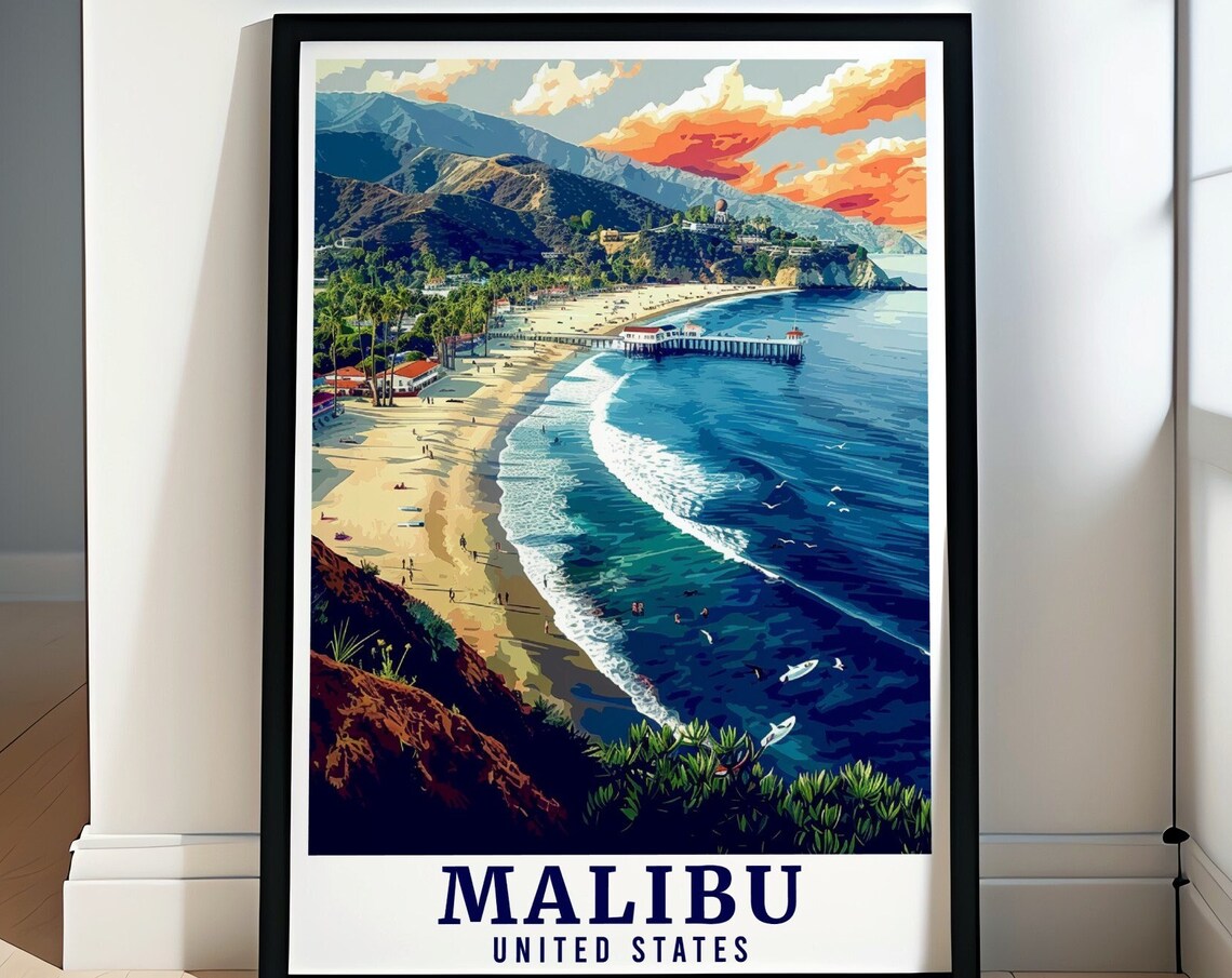 Malibu United States Lagoon Beach Pier Surfers Sunset Poster