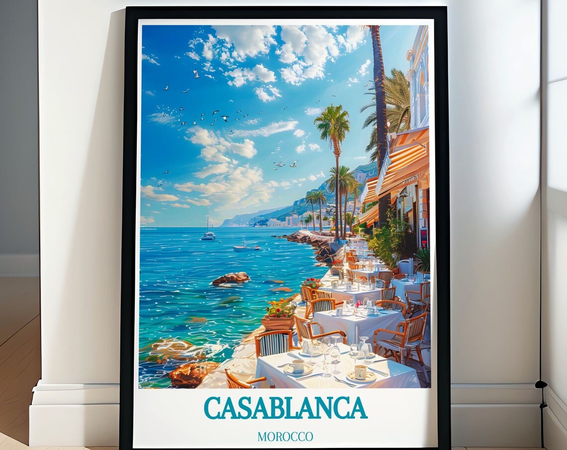 Casablanca Morocco Seaside Terrace White Tables Turquoise Sea Poster