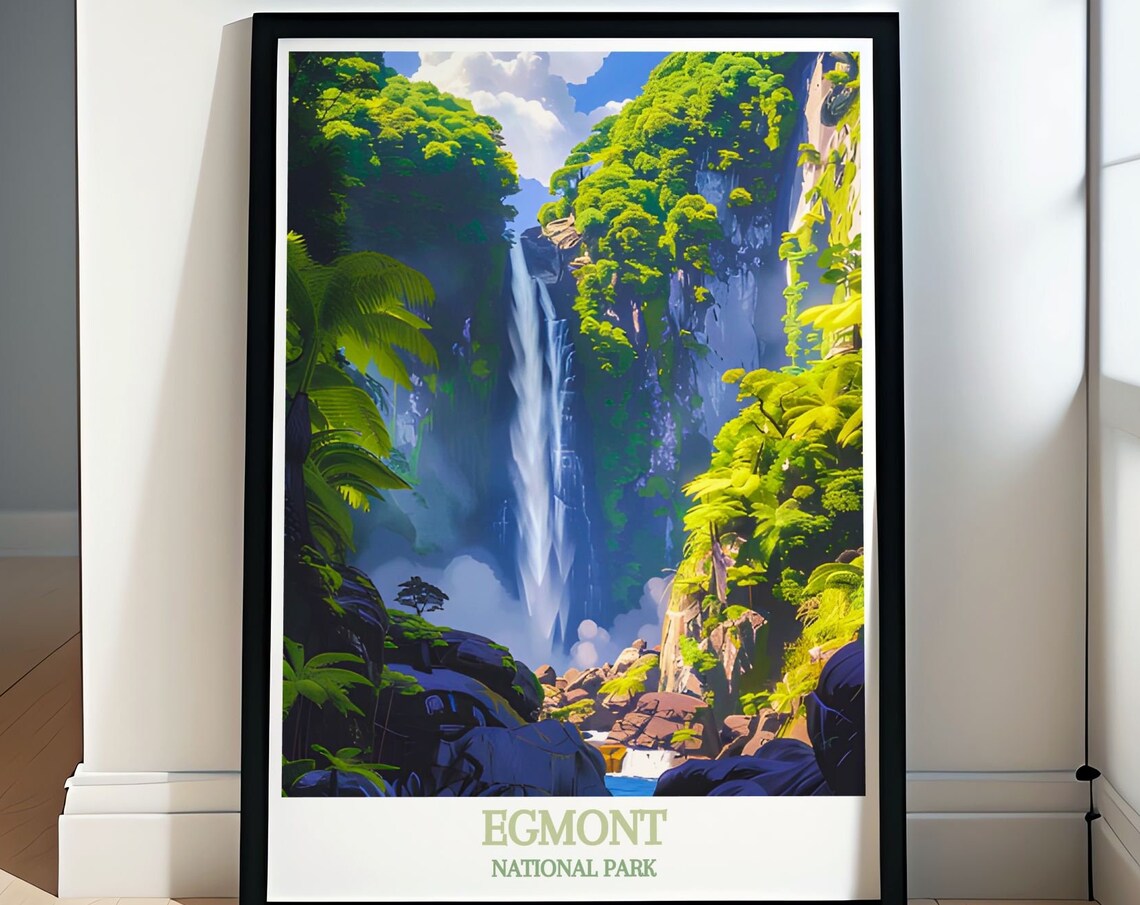 Egmont National Park New Zealand Lush Jungle Waterfall Scene Poster