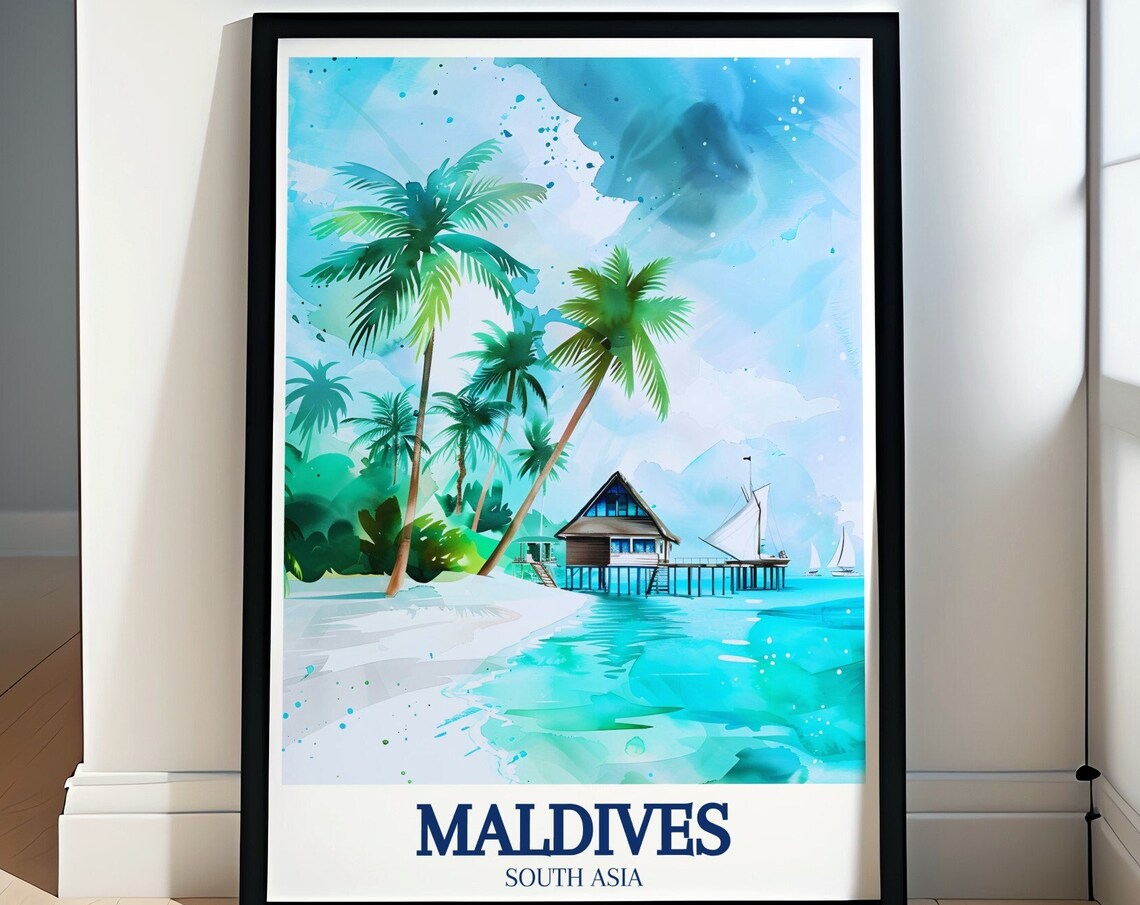 Maldives Beach Overwater Villa Palms Watercolor Travel Poster