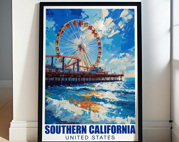 Southern California Santa Monica Pier Ferris Wheel Pacific Ocean Travel Poster