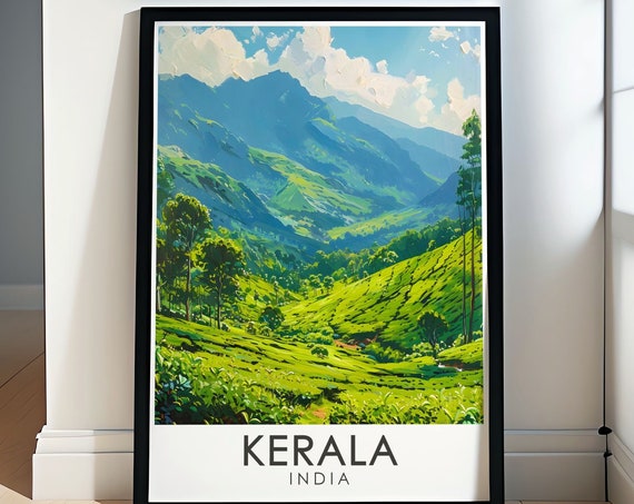 Kerala Travel Art Munnar Tea Plantations Poster Vibrant Indian Wall Art Serene Kerala Landscapes Print Scenic Kerala Wall Art