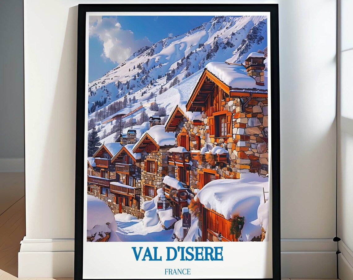 Val d'Isere France Snowy Stone Chalets Alpine Village Travel Poster