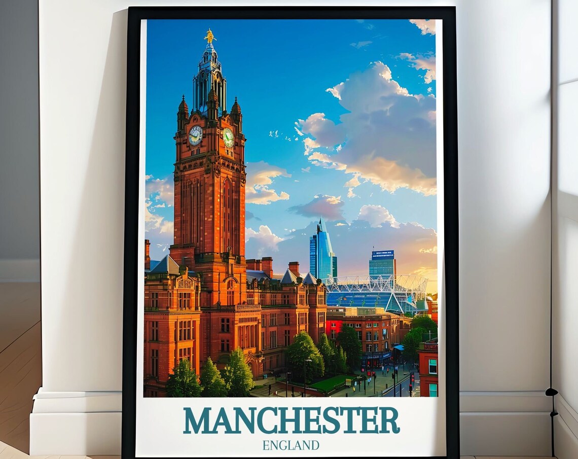 Manchester Town Hall Clock Tower Sunset Skyline England Poster