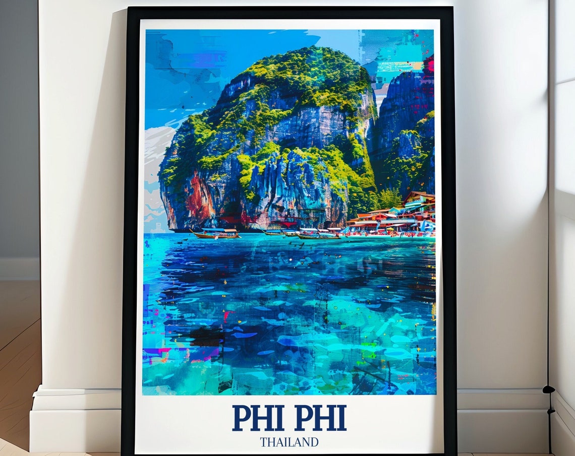 Phi Phi Thailand Towering Limestone Cliffs Longtail Boats Poster