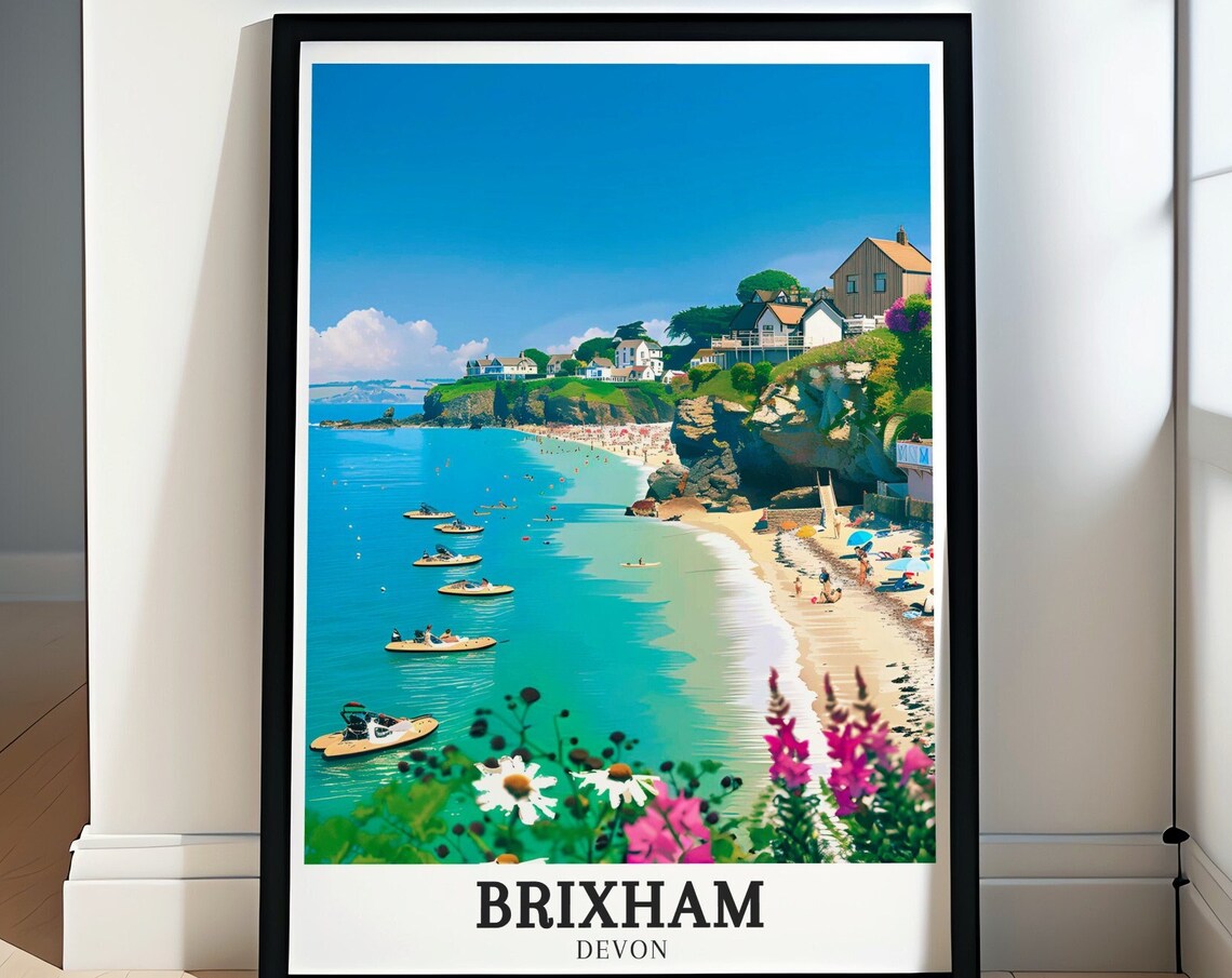 Brixham Devon Turquoise Beach Kayaks Summer England Travel Poster