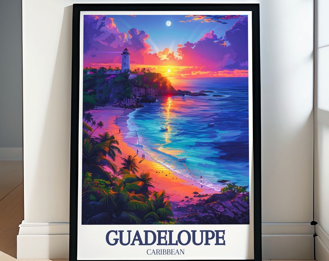 Guadeloupe Caribbean Lighthouse Sunset Beach Cove Travel Poster