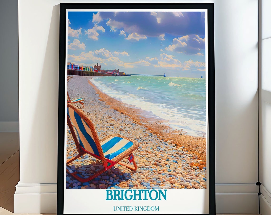Brighton Beach Striped Deck Chair Pier View United Kingdom Poster
