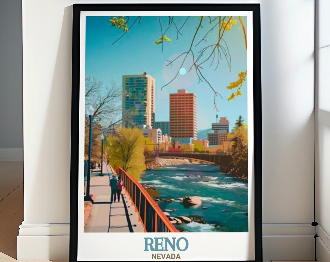 Reno Nevada Truckee Riverwalk City Skyline River View Travel Poster