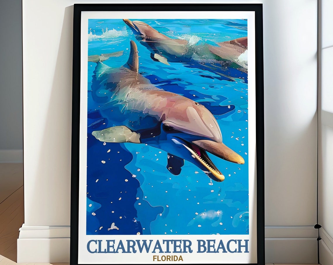 Clearwater Beach Florida Dolphins Turquoise Water Travel Poster