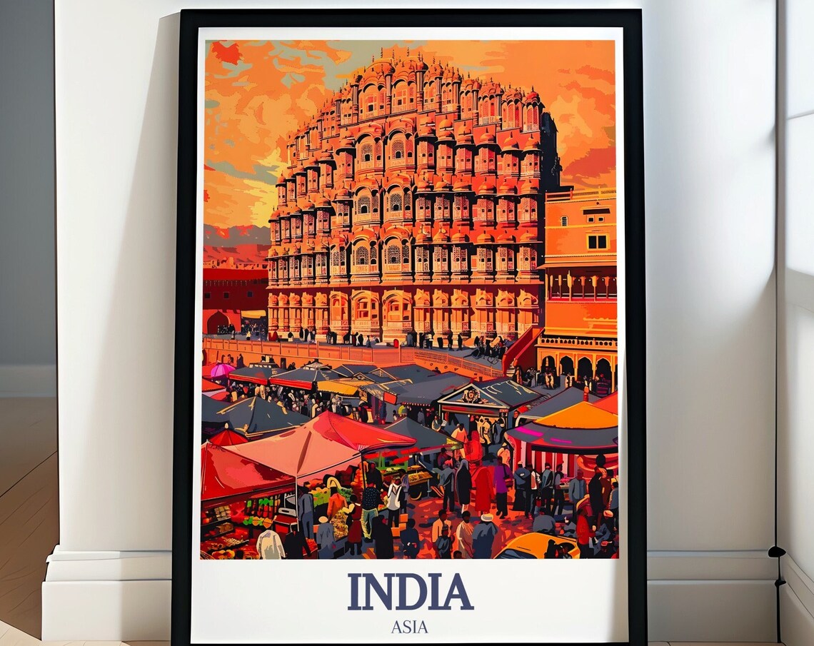 Hawa Mahal at Sunset Above the Buzzing Jaipur Market Travel Poster