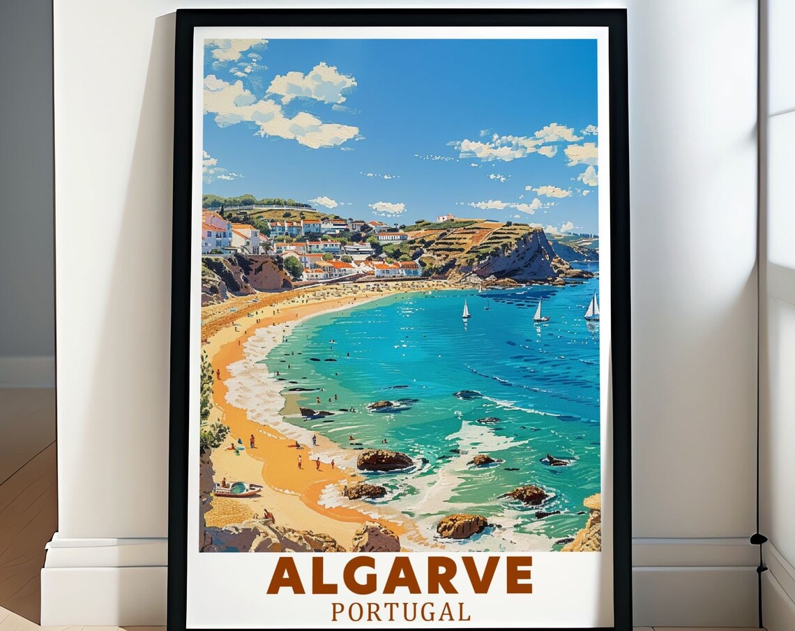 Algarve Portugal Golden Beach Cove Sailboats Retro Travel Poster