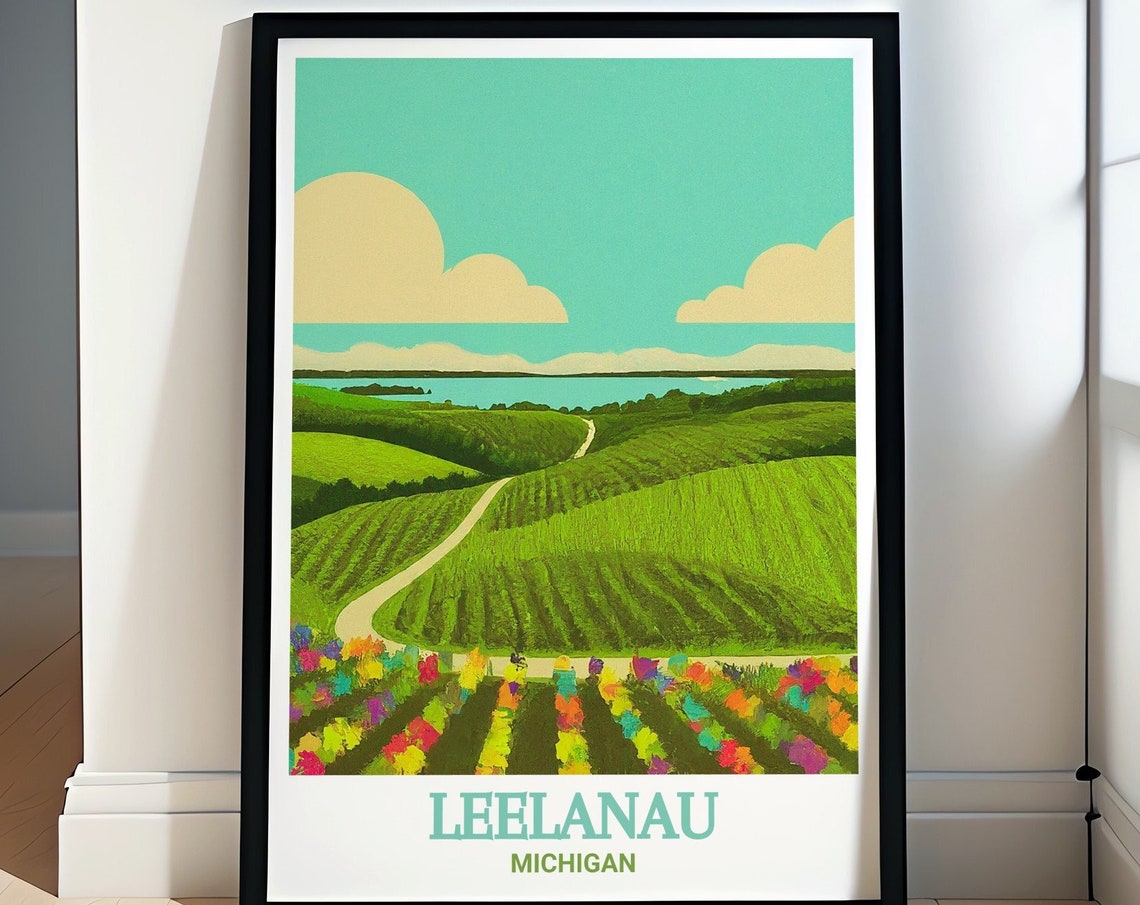 Leelanau Michigan Wine Trail Vineyard Rows Flower Fields Poster