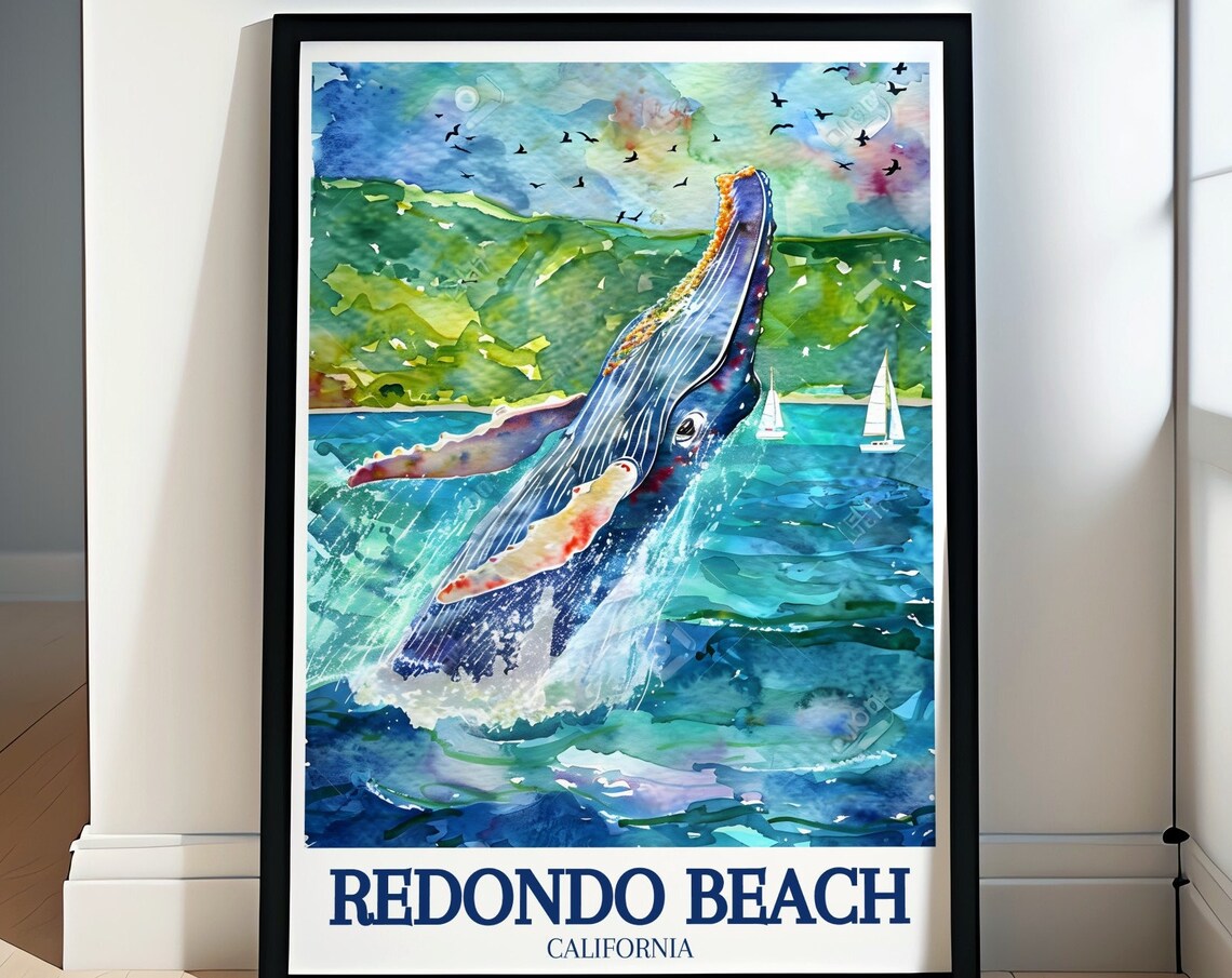Redondo Beach California Humpback Whale Watercolor Travel Poster