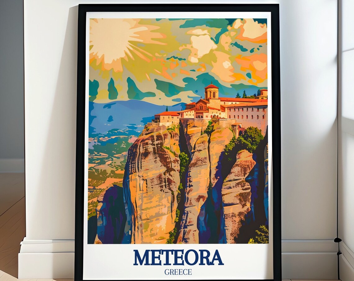 Meteora Cliffs With a Fiery Sunset Over Greece Travel Poster