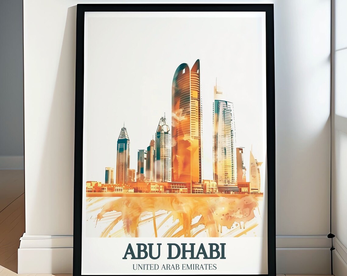 Abu Dhabi Skyline Golden Watercolor Etihad Towers Travel Poster