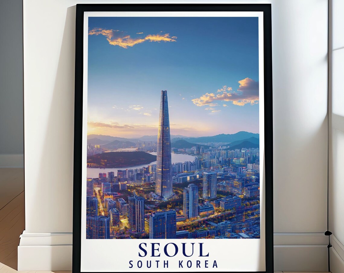 Seoul South Korea Lotte World Tower Sunset Skyline Travel Poster